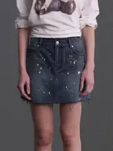 高腰デニムミニスカート【独自の水墨デザイン・裾に施した焼石加工】