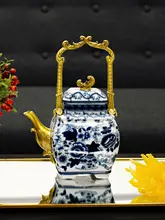 青花手描き陶器製のティーポット兼コーヒーポット【銅製装飾・中華風・インテリア用】