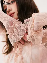 シフォンブラウス レディース 長袖 レース クロシェ フリル タイ 薄手 甘辛MIX 夏「CHUU」