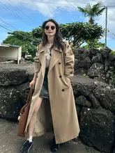 レディース 長袖トレンチコート【ダブルボタン・ロング丈・膝下・紺色】