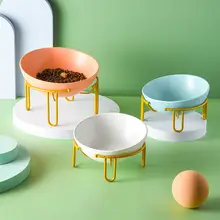 陶器製 猫用二重食器【首元に優しいデザイン・高脚・傾斜口・鉄製スタンド】