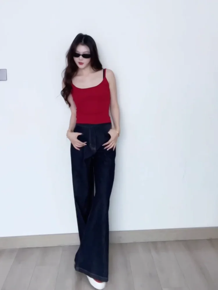 ハイウエストデニムパンツ：深い青色のアメリカンビンテージワイドレッグスタイルの実用性とフィット感