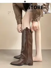 白色の本革ロングブーツ【先細り・粗めのヒール・膝下丈・スリム効果】