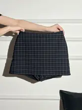 高腰のフィット感！チェック柄のAラインミニスカートパンツ【お尻を包み込むデザイン・夏用・小柄向け】（セットアップ対応）