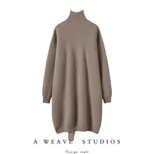 高品質なデザインのハイネックカシミアニットワンピース【ミディアム丈・厚手】