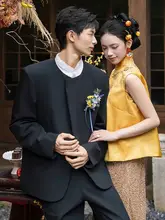 落ち着いたデザインの メンズカジュアルスーツ【結婚式・高級感ある中華風・ラウンドネック】（セットアップ対応）