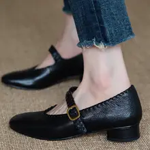 柔らかい羊革製 マリージェーンシューズ【編み込み・ラウンドトゥ・中ヒール・通勤用】