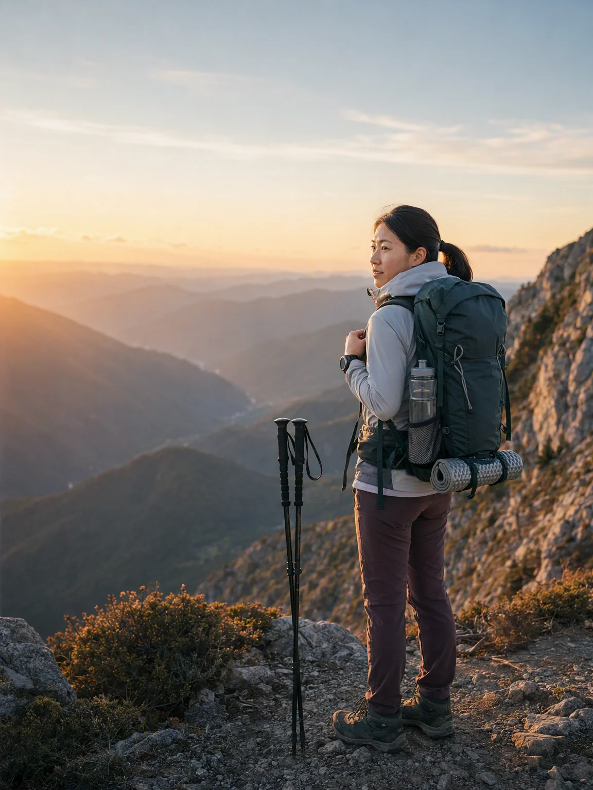 立ち止まって振り返ると、夕方の光が山並みに重なって見える時間でした。こういう場所では、景色そのものよりも、最後まで無理なく歩いてここに立てる装備かどうかをいつも考えます。背中の荷重が安定していて、ボトルやマットの収まりも自然だと、足場の粗い斜面でも動きが落ち着きます。日が傾くと急に風が冷たくなるので、体温を逃がしすぎない服の組み合わせにしておくと安心です。