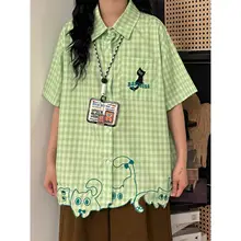 猫刺繍デザインのチェック柄短袖シャツ【夏用・レトロスタイル】