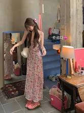 華やかな野バラ柄のフリル付きキャミソールドレス【ウエストシェイプ・ロングスカート・夏用】