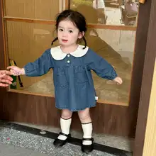 デニムワンピース キッズ ガールズ 長袖 ピーターパンカラー ゆったり 肌触り良い かわいい おしゃれ 秋物