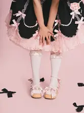 クリームサテンのロリータ風ラバーシューズ【リボン付き・厚底・フワフワデザイン】