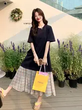深青色のおしゃれなパターン切り替えワンピース【感・カジュアルTシャツスタイル】