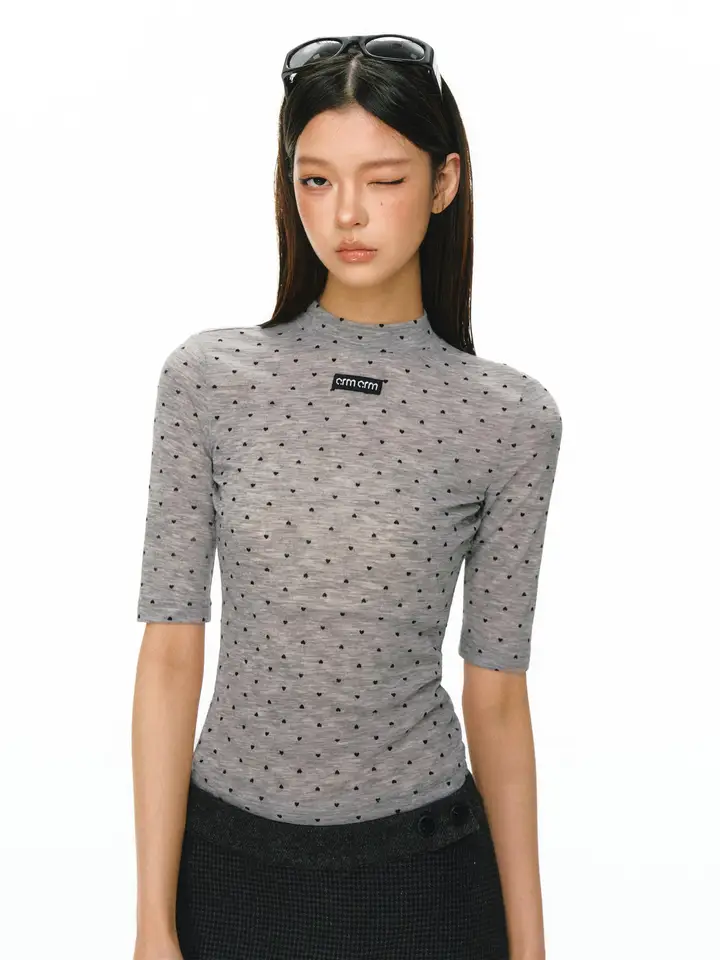 レトロドット柄の透け感のある女性用中袖Tシャツ【夏用・スリムフィット】