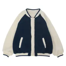 バイカラーのミルクブルーのフェイクシープワッペンスタイルボンバージャケット【極上の柔らかさ・冬用】