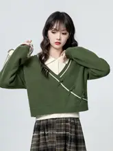 ポロカラー風ニットセーター【新中式・バンコール付き・ショート丈・春秋用】（セットアップ対応）