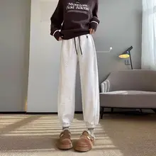 春秋用 白灰色スポーツパンツ【女性用・八分丈・束脚デザイン】（セットアップ対応）