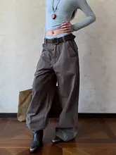アメリカンスタイルのヴィンテージ風ウォッシュ加工ストレート工装パンツ【高街ファッション・ゆったりシルエット・女性用】
