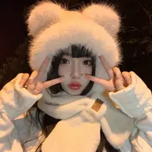 可愛いクマ耳デザインの帽子とスカーフ一体型【秋冬用・ふわふわ・暖かい】（セットアップ対応）