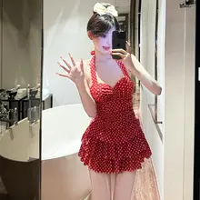 セクシーなハイネックワンピース水着【ドット柄・保守的デザイン・小胸をカバー】
