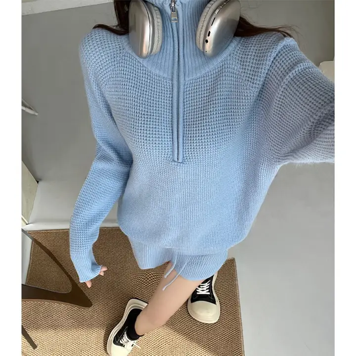 アメリカンヴィンテージスタイルの感あるニットワッフル生地トップスとショートパンツ【ポロカラー・ワイドレッグパンツ・セットアップ対応】