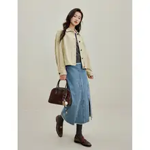 高腰デニムスカート【スリット入り・Aライン・カジュアル】