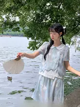 活発なデザインのブルー刺繍ブラウスとスカート【新中式国風・夏用・ファッション】（セットアップ対応）