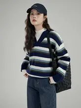 ストライプデザインのニットセーター【Vネック・春用・レトロ・コーディネートしやすい・スリム効果】