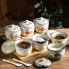 調味料入れ 陶器 下絵付け ヴィンテージ 蓋付き スプーン付き 塩入れ 砂糖入れ スパイスケース 卓上 家庭用