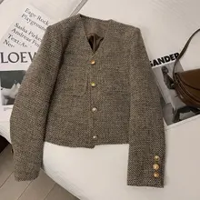 カーキ色Vネックチェック柄ジャケット【短丈・フレンチスタイル】