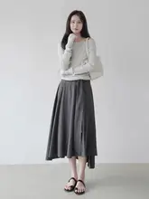 春夏用 グレー系 ラップ風デザイン スカート【ゆったりしたシルエット・不規則な裾・優しい雰囲気】