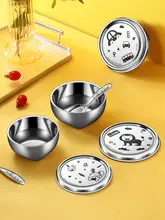 二層不锈鋼ボウル ベビー 幼児 食事用ボウル 蓋付き 子供用ボウル 耐衝撃 ハンドルなし 火傷防止 厚手 断熱
