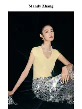 MandyZhang 天絲コットンシルク UネックTシャツ【フィット＆ショートスリーブ・フリル袖】