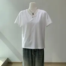白色Vネック ショートスリーブTシャツ【レディース・夏用・ベーシック】