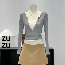 デザイン性の高いコントラストカラーのロングスリーブTシャツ【深いVネック・女性用・秋向け】