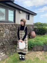 サロペットワンピース レディース ウール グリーン ブラウン チェック柄 Aライン 着痩せ ミモレ丈 小柄さん向け ヴィンテージ 冬