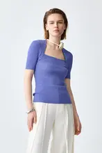 ROSELINGLING 高弾性フィット フランス風レトロスクエアネックニットTシャツ