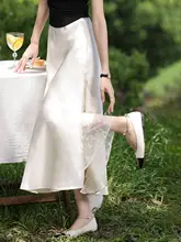 月光染のアプリコットカラーサテン半身スカート【フランス風・レース切り替え・夏用・スリット】