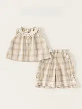 夏用 可愛いチェック柄ブラウスと七分丈パンツ【女の子用・レース付き・おしゃれ】（セットアップ対応）