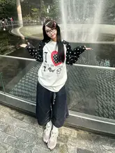アメリカンヴィンテージ風ハートドット切り替えデザイン長袖Tシャツ【ルーズフィット・春秋対応】