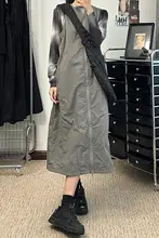 デザイン性のあるグレーの工装風キャミソールマキシワンピース【大きいサイズ・夏用・スリム効果】（セットアップ対応）