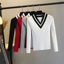 秋冬用 アンカットニット Vネック セーター【コットン混・バイカラー・短丈】
