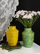 フランス風 陶器製花瓶【ヴィンテージ・緑色・油絵デザイン・ドライフラワー・生花対応】