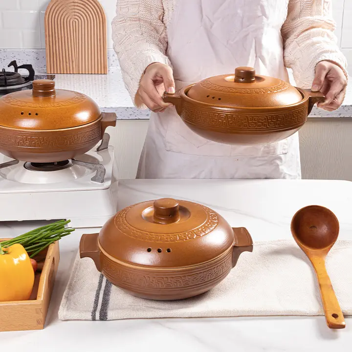 無釉の耐高温陶器煮込み鍋【ガスストーブ用・広口デザイン・浅型】