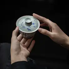 古青風手描き茶碗【青花竹子デザイン・陶器・高足・家庭用功夫茶具】