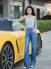 ワイドパンツ ハイウエスト ルーズ 青色 ソフト 夏 ルーツ スリム