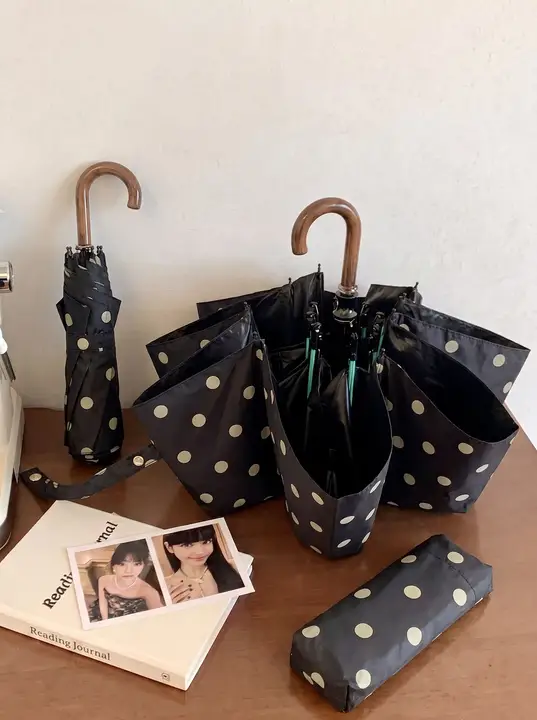 黒白ドットデザインの折りたたみ傘【レトロスタイル・日傘・雨傘対応・高品質】