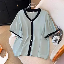 Vネック雪纺シャツ【夏用・ゆったりサイズ・短袖・体型カバー】