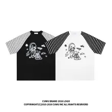 カジュアルなストライプ柄のプリントTシャツ【ミレニアルスタイル・半袖・男女兼用】