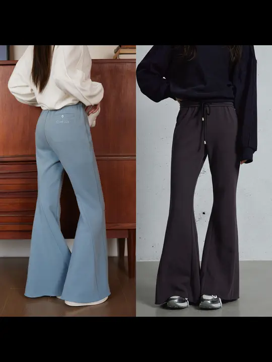 高品質コットン混紡のフレアパンツ【ウエストゴム・刺繍デザイン・カジュアル】